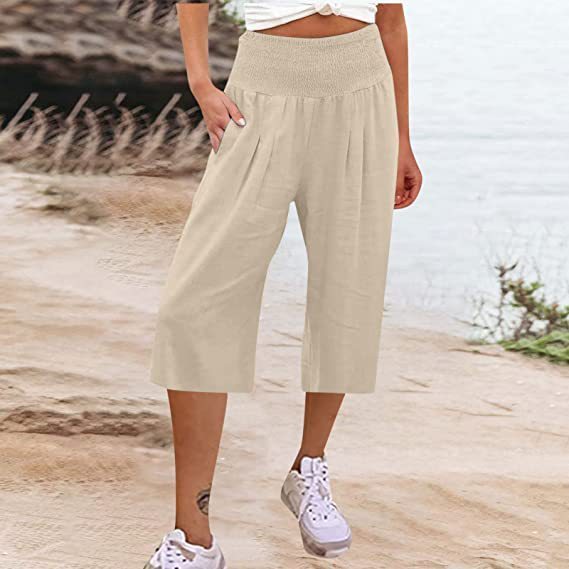 Solid Color Comfortable Cotton and Linen Casual Wide-leg Cropped Pants