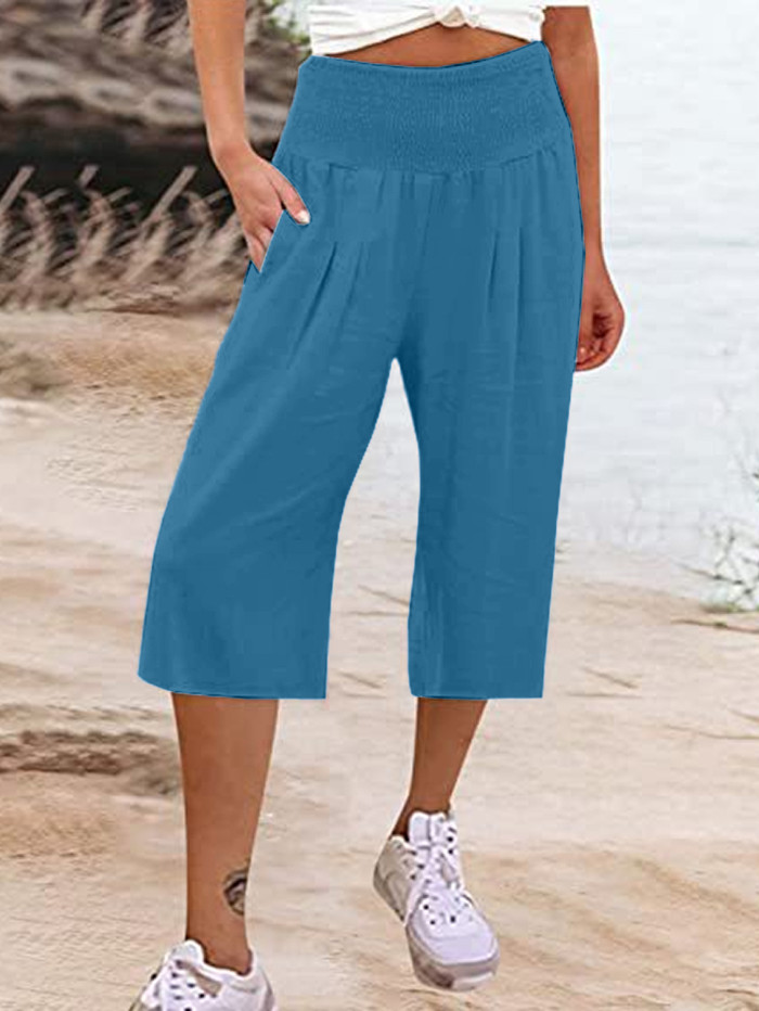 Solid Color Comfortable Cotton and Linen Casual Wide-leg Cropped Pants