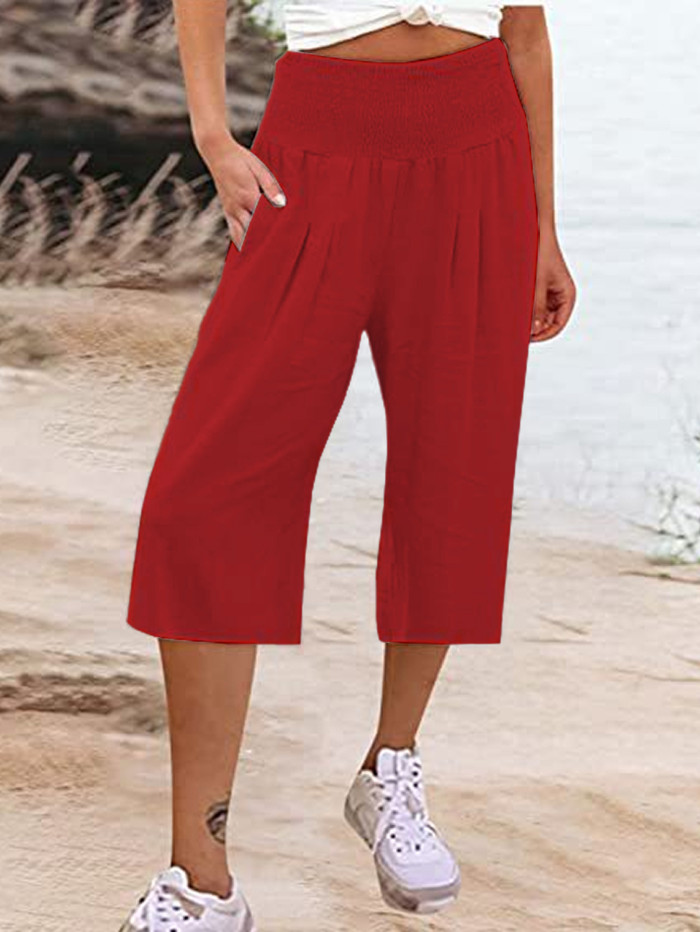 Solid Color Comfortable Cotton and Linen Casual Wide-leg Cropped Pants