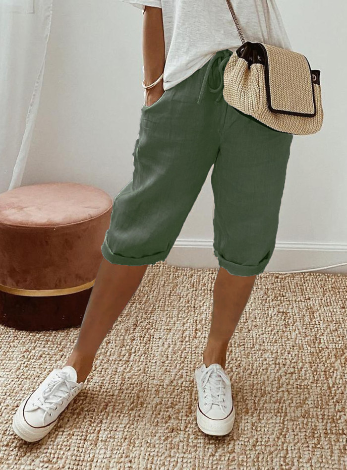 Solid Color Cotton and Linen Pocket Elastic Waist Cropped Pants