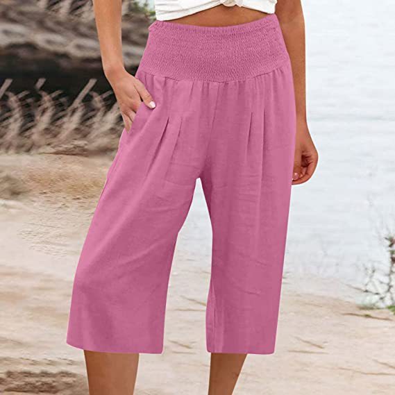 Solid Color Comfortable Cotton and Linen Casual Wide-leg Cropped Pants