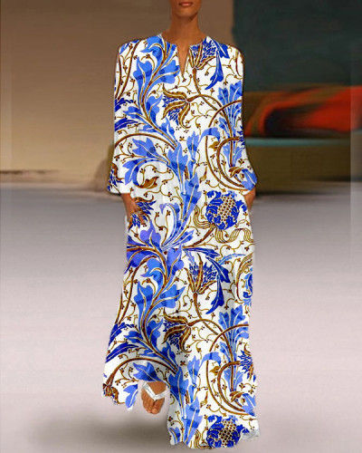 Women's Long Sleeve Fashion Print Casual Long Dress