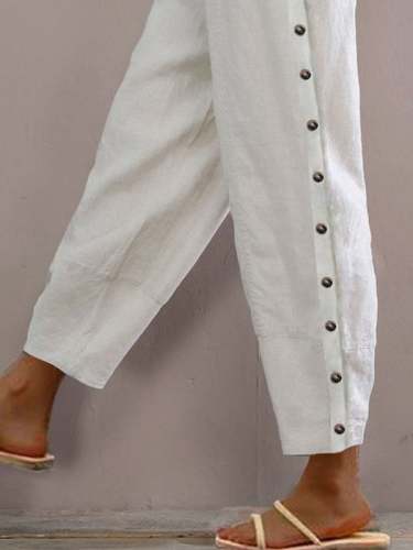Casual Cotton Linen Button Pocket Trousers