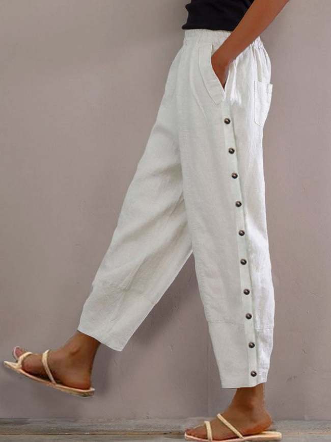 Casual Cotton Linen Button Pocket Trousers