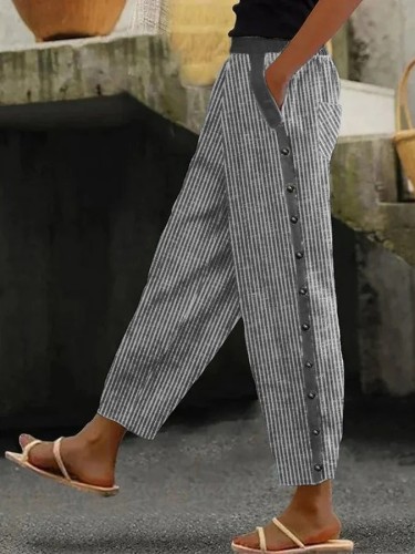 Women's Striped Print Button Casual Trousers