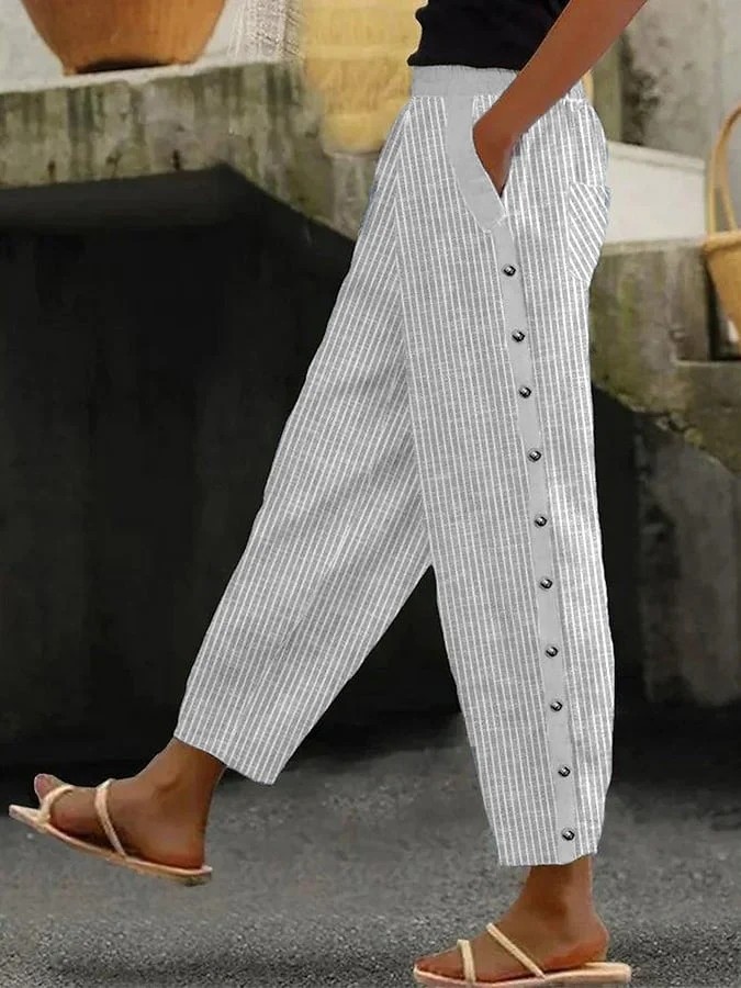 Women's Striped Print Button Casual Trousers