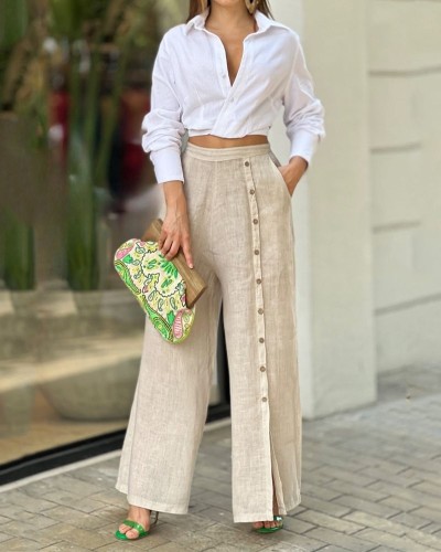 Casual Solid Color Lapel Shirt Loose Button Pants Two-Piece Set