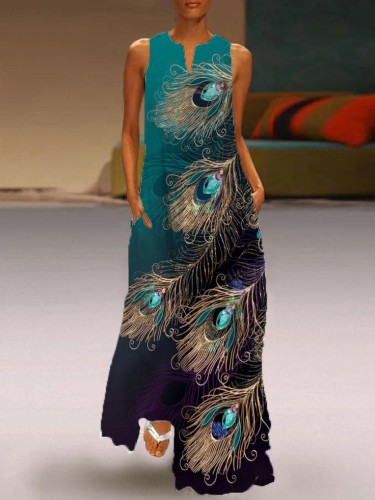 Loose Peacock Feather Sleeveless Print Dress