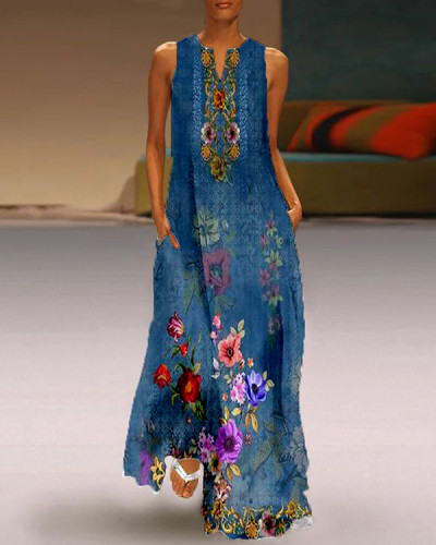 Women's Sleeveless Elegant Flower Print Long Dress
