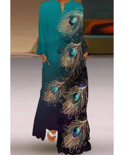 Loose Peacock Feather Long Sleeve Print Dress
