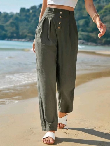 Button Solid Color Cotton and Linen Loose Casual Pants