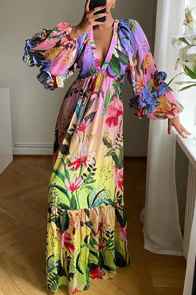 Resort V Neck Floral Swing Long Sleeve Maxi Dress