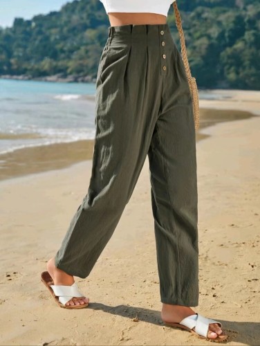 Button Solid Color Cotton and Linen Loose Casual Pants