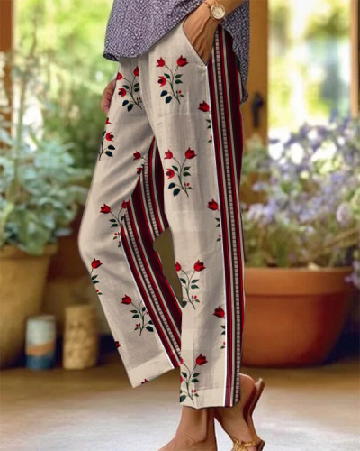 Ladies Vintage Floral Stripe Panel Pants