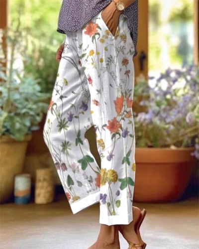 Ladies Floral Print Elastic Waist Pants