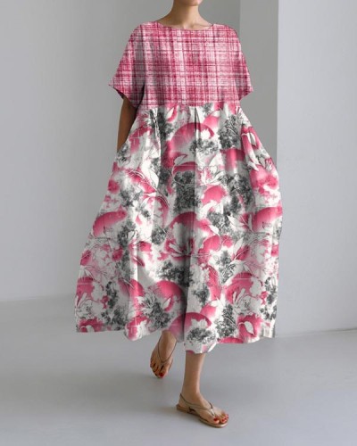 Casual Floral Check Panel Print Dress
