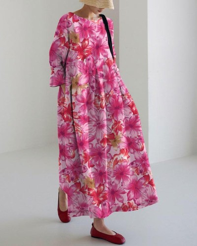 Casual Pink Floral Print Long Sleeve Dress