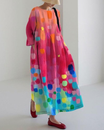 Casual Color Block Print Long Sleeve Dress