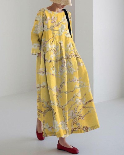 Casual Art Print Yellow Long Sleeve Dress
