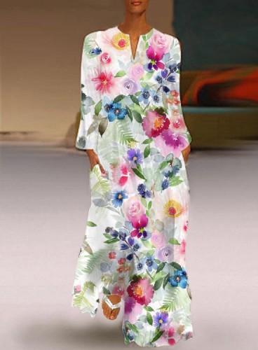 Casual Watercolor Floral V Neck Long Sleeve Dress