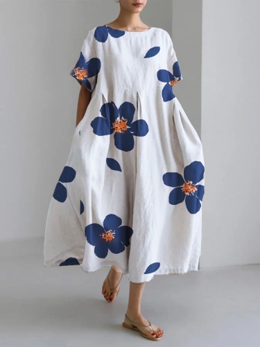 Women's spring and summer casual loose round neck floral skirt dress