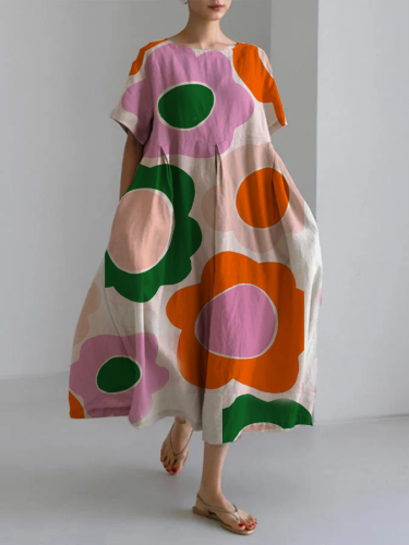 Women's Art Floral Loose Round Neck Medium Length Skirt Dress