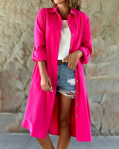 Solid Color Loose Casual Lapel Long Button Cardigan