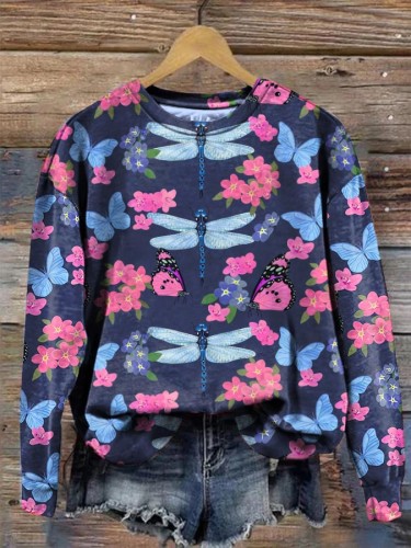 Ladies Dragonfly Floral Print Long Sleeve Crewneck Sweatshirt