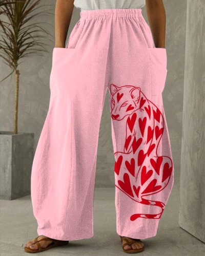 Women's Loose Pink Leopard Casual Wide-leg Pants