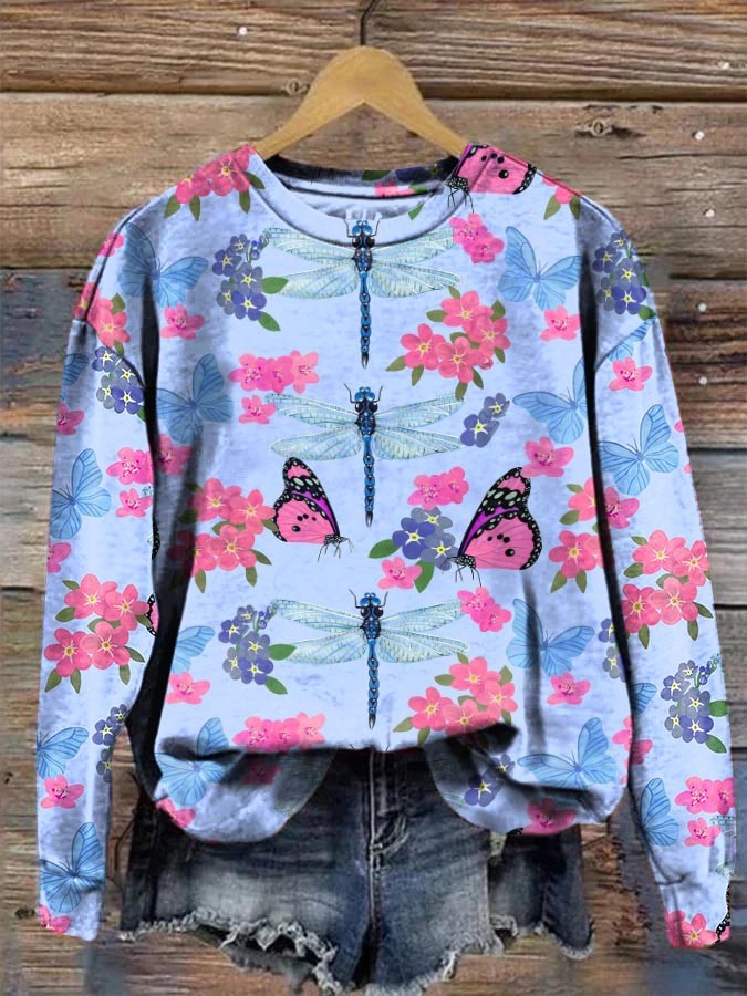 Ladies Dragonfly Floral Print Long Sleeve Crewneck Sweatshirt