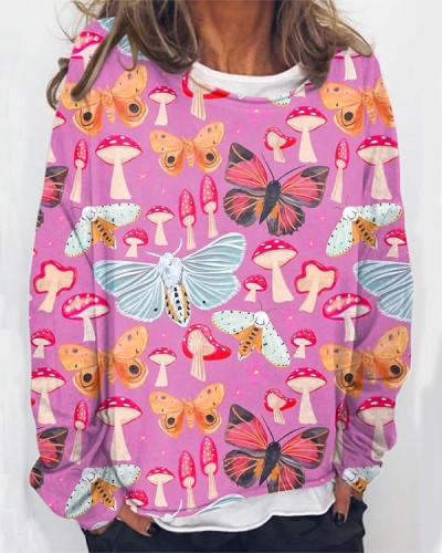 Women's Loose Animal Mushroom Print Long Sleeve Sweatshirt