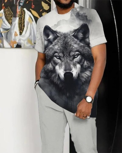 Men's Casual Mountain Wolf Print Suit