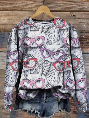 Women's Cute Owl Long Sleeve Crewneck Sweatshirt