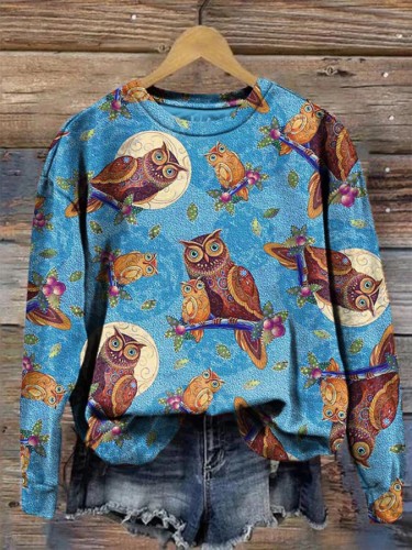 Women's Vintage Owl Long Sleeve Crewneck Sweatshirt