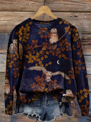 Women's Vintage Owl Long Sleeve Crewneck Sweatshirt