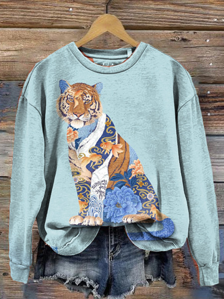 Blue Tiger Art Print Round Neck Long Sleeve Sweatshirt