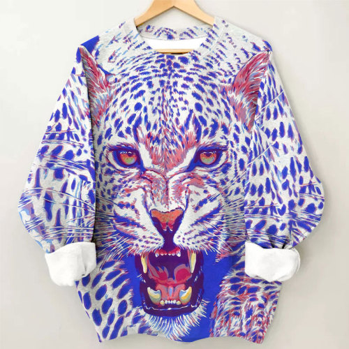 Blue Cheetah Print Casual Long Sleeve Top