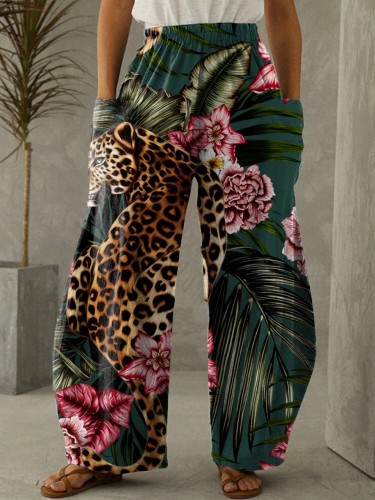 Women's Cheetah Animal Flower Art Painting Elastic Waist Wide Leg Pants Long Pants Casual Pants