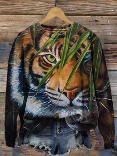 Women's Crew Neck Tiger Art Print Hoodie Sweatshirt