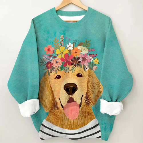 Labrador Cute Photo Sticker Print Casual Long-Sleeved Top