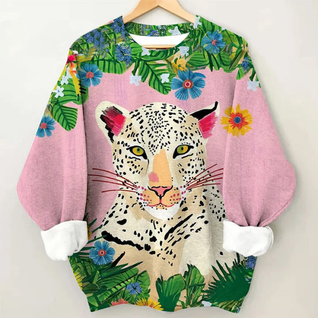 Pink Cheetah Stitching Casual Long Sleeve Top