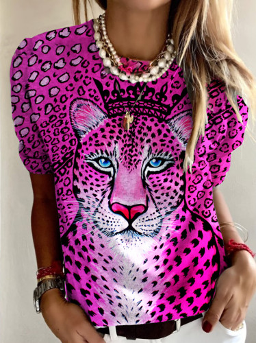 Pink Queen Cheetah Design Round Neck Long Sleeve Top