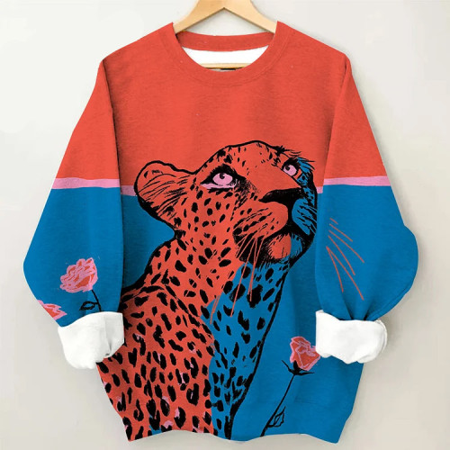 Cheetah Two-Color Stitching Art Casual Long-Sleeved Top