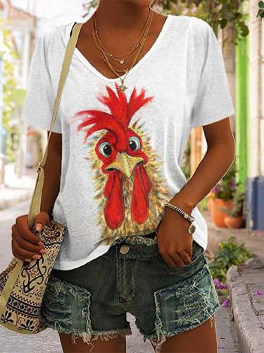 Women's Funny Rooster Print Casual V-Neck Tee