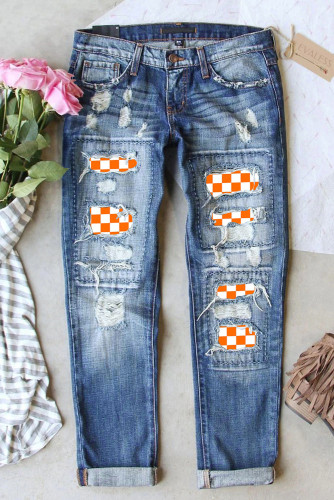 Orange Plaid Pattern Ripped Panel Casual Jeans
