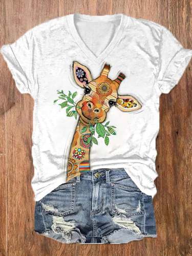 Women's Cute Floral Giraffe Print Casual V-Neck Tee