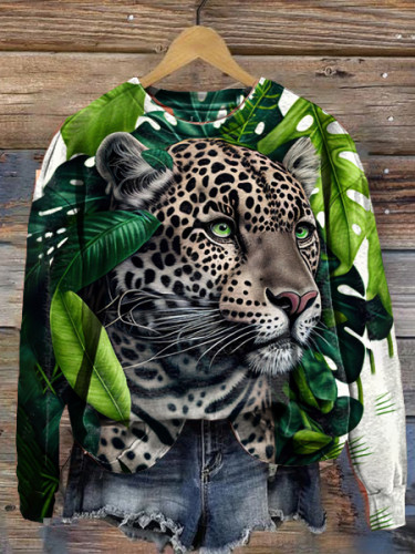 Women's Round Neck Leopard Art Print Hoodie Sweatshirt