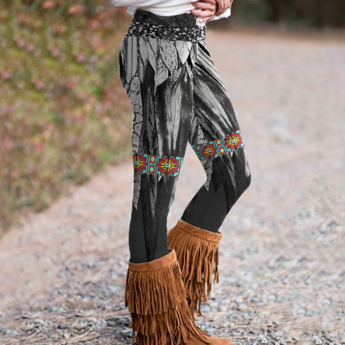 Vintage Western Feather Print Casual Leggings