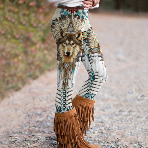 Vintage Western Tribal Wolf Print Casual Leggings