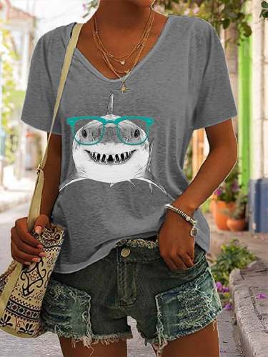 Women's Fun Funny Glasses Animal Shark Print V-neck T-shirt